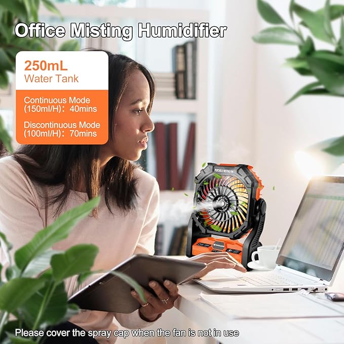 Odoland 20000mAh Camping Fan, Portable Misting Fan with Light, Battery Operated Rechargeable Mister Tent Fans with Hook & 250mL Water Tank, Cooling Mist for Outdoor Beach Patios RV Car Summer