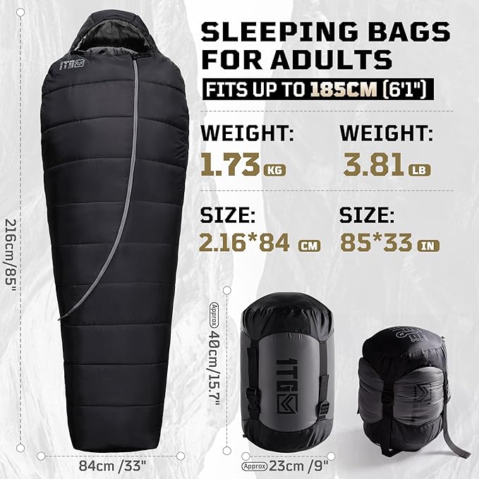 Sleeping Bag for Adults, Warm Weather Camping Mummy Sleeping Bags (25-36℉) with Adjustable Hood, Phone Pocket & Compression Sack for Hiking Travel Hunting