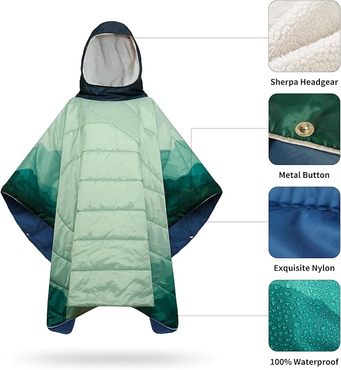 Camping Blanket, Poncho Wearable Hoodie Blankets Outdoor Waterproof Windproof