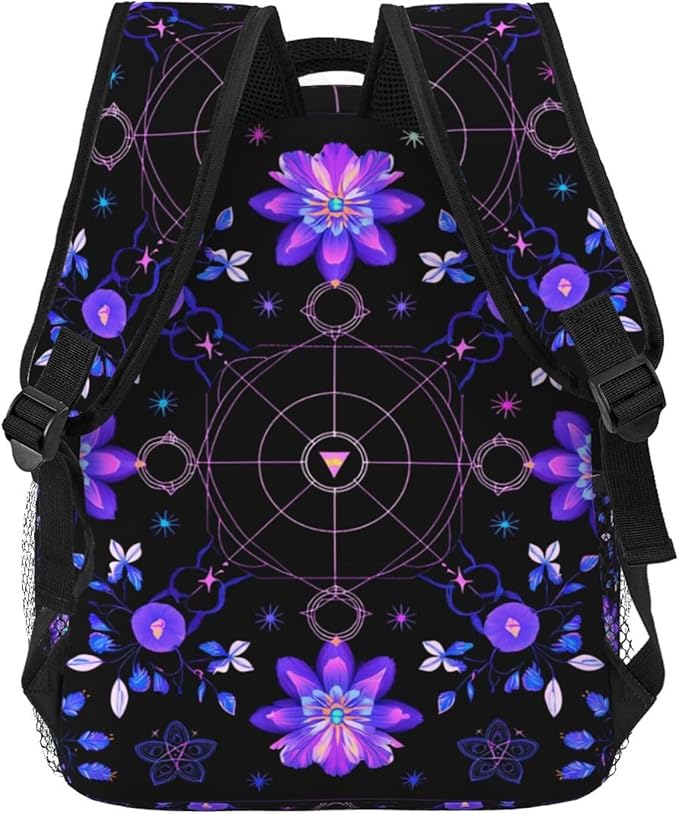 Adults Lightweight Magical Symbols And Flowers Art Rucksacks Large Capacity Bookbag With Adjustable Shoulder Straps for Trekking Outdoors Bicycle