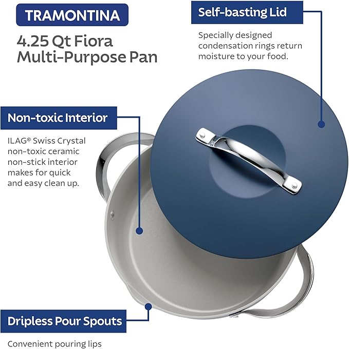 Tramontina Fiora 4.25-Quart Multipurpose Ceramic Non Stick Cooking Pan with Lid, Blue