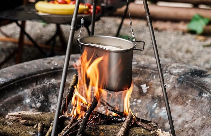 iBasingo Titanium Canteen Mess Kit with Folding Handle Hanging Ring Ultralight Portable for Lunch Outdoor Camping Hiking