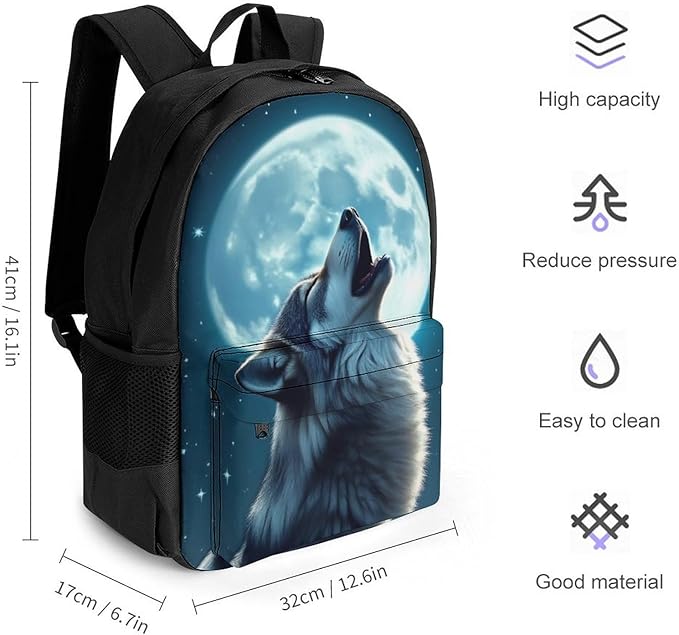 Men Women Lightweight Full Moon Wolf Backpack Large Capacity Bookbag With Smooth Zippers for Gym Business Running