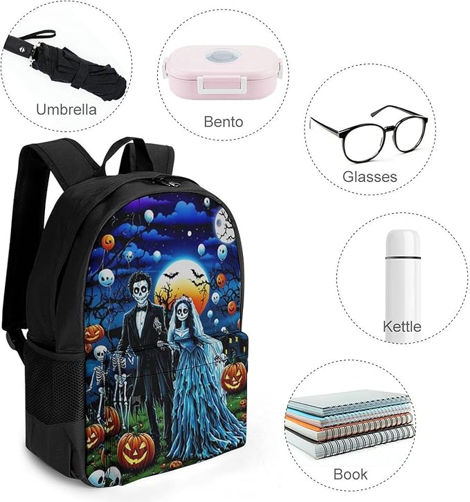 Supdreamc Daypack Bookbag Anti-Theft Multipurpose Large Capacity Bookbag, Sugar Skull Party Day Of The Dead Ghost Bride And Groom Art Travel Hiking Camping Rucksack With Adjustable Shoulder Straps