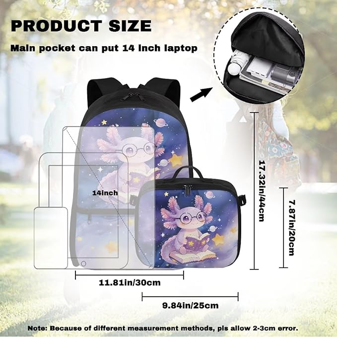 HUGS IDEA Reading Axolotl Girls Backpack and Lunch Bag School Bookbag for Elementary Pink School Bag Set for Girls 6-8 Lightweight Book Bag with Lunchbox Children Backpacks