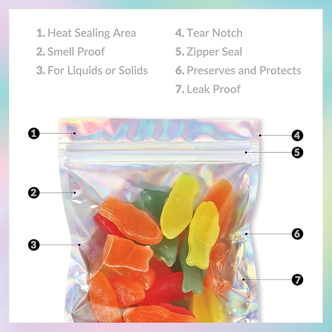 Mylar Bags with Zipper Seal 5 x 7" | 100 Bags | Rainbow Holographic | Sealable Heat Seal Bags for Candy and Food Packaging, Medications and Vitamins | For Liquid and Solids (5" x 7")