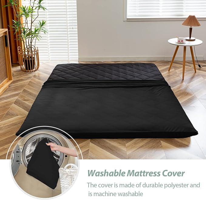 MAXYOYO Japanese Floor Futon Mattress King Size, Floor Bed for Adults, Roll Up Folding Mattress, Diamond Patterned Japanese Futon Bed, Black