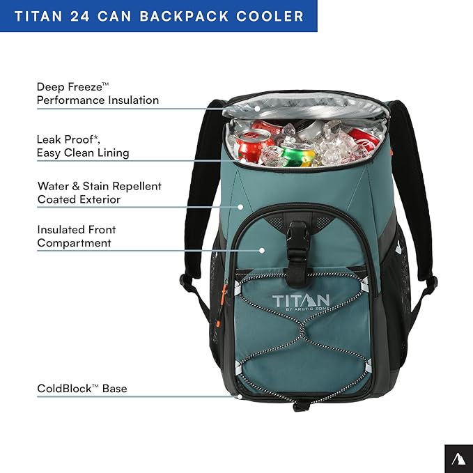 Titan by Arctic Zone Backpack Cooler, Insulated Soft Sided Bag with Leak Proof Lining and Padded Straps, for Lunch, Picnic, and Travel, 24 Can Capacity