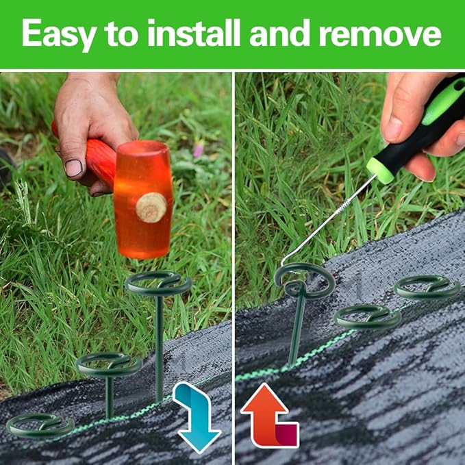 Bakulyor 200Pcs Circle Top Landscape Staples, 6 Inch Green Artificial Turf Stakes, 9 Gauge Landscape Fabric Pins, Heavy Duty Yard Lawn Spikes for Outdoor Soil Gardening Weed Barrier Sod Fabric - 6"