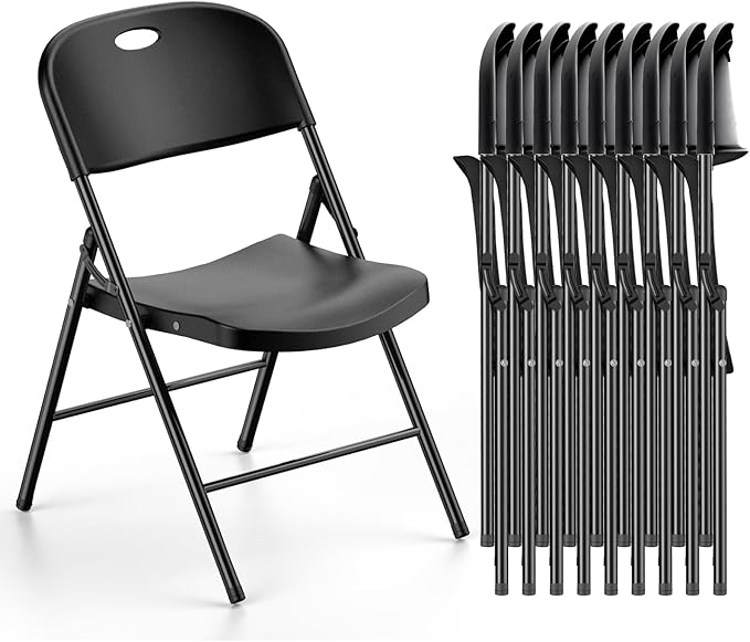 Nazhura 350 Weight Limit Heavy Duty Plastic Folding Chair with Reinfoced Steel Frame for Indoor and Outdoor, Wedding, Party, Restaurant, Meeting Room, Patio and Garden (Black, 10 Pack)