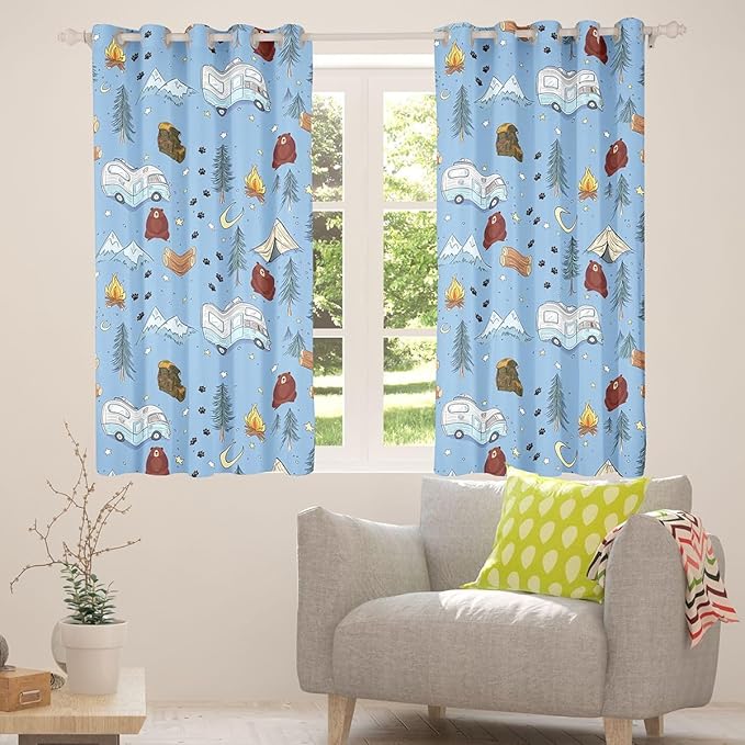 Cartoon Tents Camp Camper Window Curtain | Camping Picnic Blackout Curtain for Women Bedroom Decor,Woodland Bear Curtains Snow Mountain Living Room Top 2 Panels,52Wx90L
