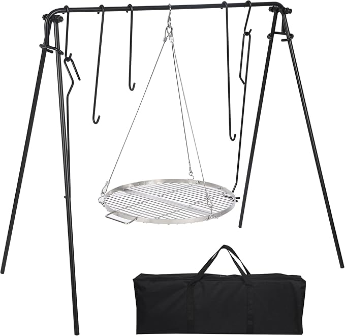 REDCAMP Swing Campfire Grill Stand - Collapsible Campfire Cooking Rack with 6 Hooks & Stainless Steel Grill Grate, Portable Dutch Oven Hanger for Outdoor Camping, Cookware, Bonfire, Round