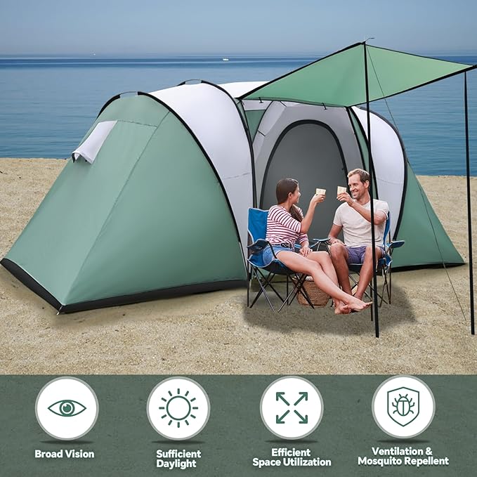 2-4 Person Family Camping Tent with Porch, Weatherproof Camping Shelter with Rainfly, 2 Room Easy Set Up Family Tent with Living Area for Outdoor, Backyard, Hiking