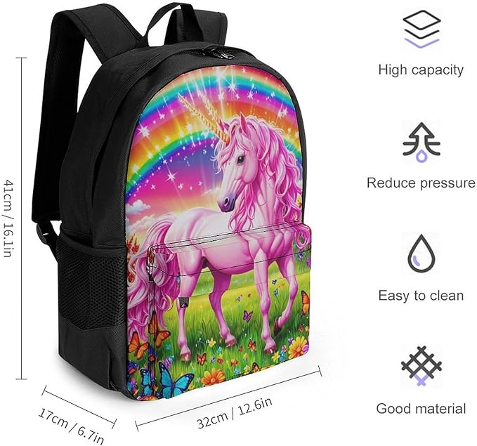 Supdreamc Men Women Polyester Rainbow Unicorns And Butterflies Backpack Large Capacity Bookbag With Smooth Zippers for Climbing Picnic Bicycle
