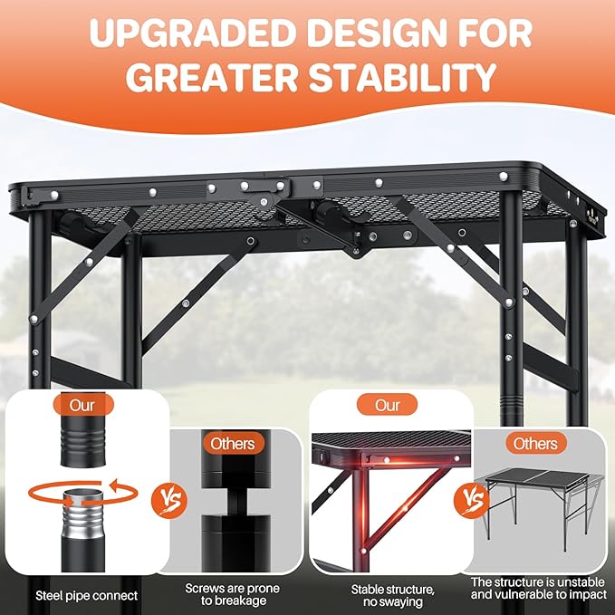 FUNYKICH Folding Grill Table for Outside(23''x16''), Max Height 29.4'' Portable Camping Tables(3 Adjustable Height), Lightweight Aluminum BBQ Table with Portable Handle for Camping, Picnic, BBQ, Black