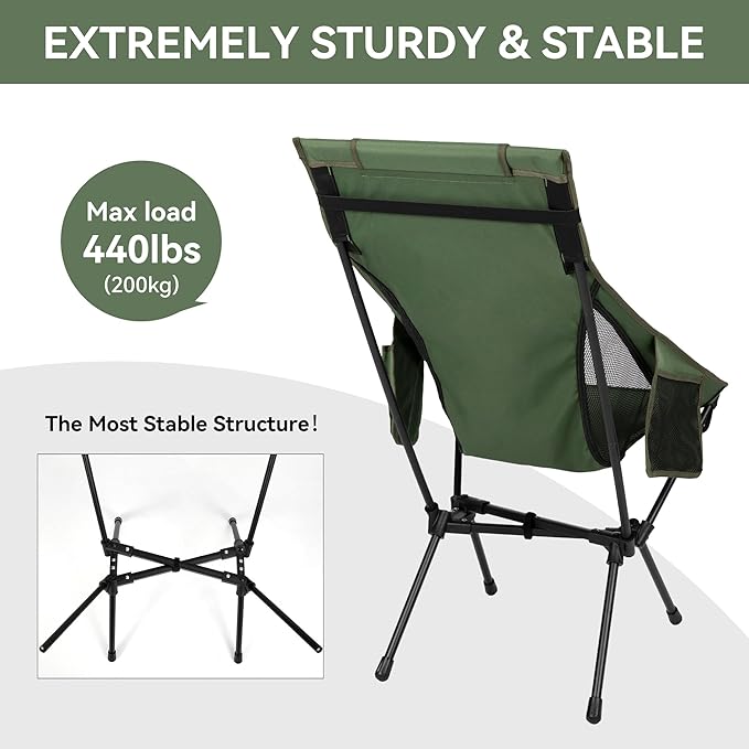 Portable High Back Camping Chair, Support Heavy Duty 440 lbs, Compact Folding Backpacking Chair with Detachable Pillow for Camp, Hiking, Backpacking(Green)