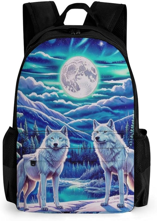 Supdreamc Backpack Multipurpose Anti-Theft Large Capacity Bookbag, Wolves Moon Aurora Art Travel Hiking Daypack With Side Pockets