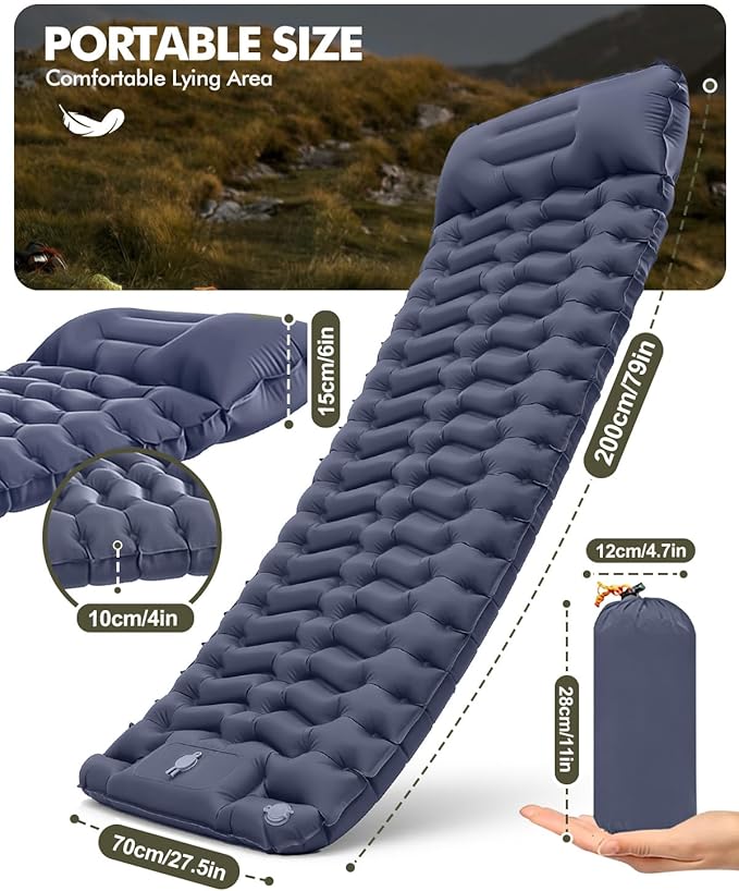 Ultralight Inflatable Camping Sleeping Pad with Built-in Pillow & Foot Pump, 3” Thick Compact Air Mattress for Backpacking, Hiking, Traveling, Tent Camping, Dark Blue