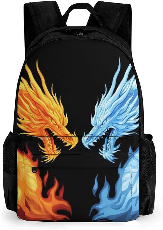 Polyester Daypack for Hiking Work Running, Big Capacity Anti-Theft Multipurpose Shoulder Bag, Red Blue Ice Fire Flame Dragon Travel and Sport Backpack Rucksack