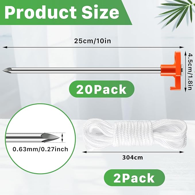 20 Pack Tent Stakes,10 Inch Heavy Duty Metal Tent Pegs,Tent Pegs Camping Stakes,Non-Rust Ground Stakes Tent Spikes for Outdoor Camping Garden,with 2 Pcs 10FT Ropes(Orange)