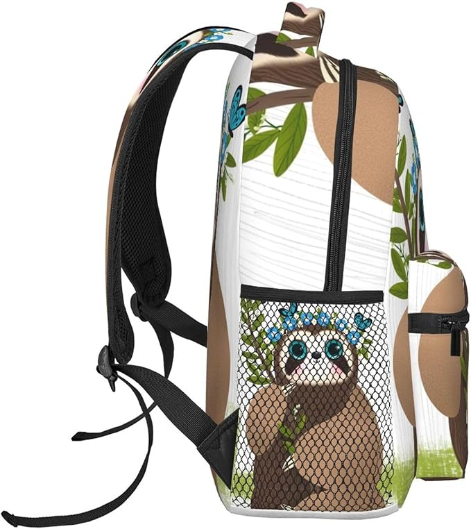 Daypack Backpack Anti-Theft Multipurpose Large Capacity Carry On Bag, Cute Sloth Blue Flowers Art Traveling Camping Backpack With Side Pockets