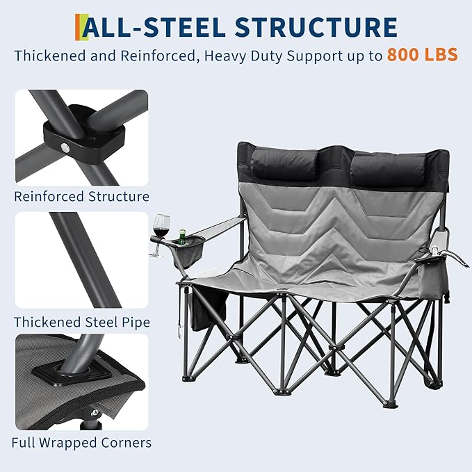 GAOMON Oversized Double Camping Chair with High Back, Pillow - Heavy Duty Folding Loveseat for 900lbs Capacity, Portable Support for Camping, Beach, Backyard