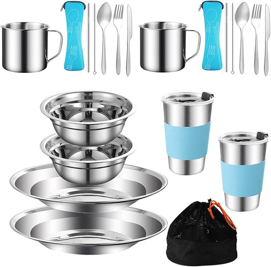 Camping Mess Kit Camping Dishes Set Stainless Steel Tableware Mess Kit Includes Plate Bowl Cup Spoon Fork Knife in Mesh Bags for Camping Backpacking & Hiking for 2 Person