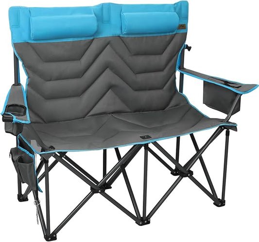 Oversized Double Camping Chairs for Adults, High-Back Loveseat with Pillows, Dual Cup Holders & Cooler Bags - Heavy Duty 2 Person Folding Chair, 800LBS Capacity, Outdoor, Picnic, Lawn (Bluegrey)