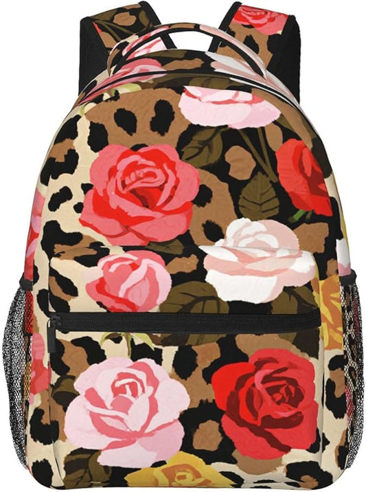 Rucksack Anti-Theft Multipurpose Big Capacity Carry On Bag, Cheetah Leopard Print Floral Traveling Camping Backpack With Side Pockets