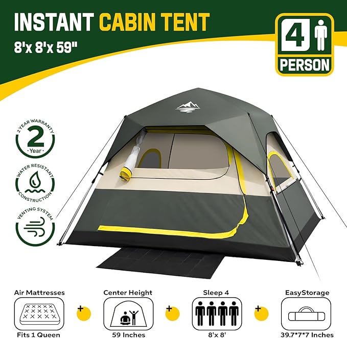 Tent 4 Person Tents for Camping - Instant Cabin Tent Setup in 50 Seconds with Rainfly & Windproof, Portable Pop Up Tents with Carry Bag for Family Outdoor Camping & Hiking