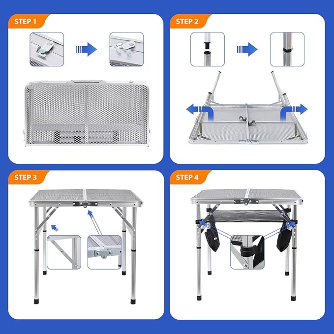 Nice C Square Table for Grill, Folding Table, Camping Table, Outdoor Table, Card Table, Height Adjustable, Mesh Bag Lightweight, Carry Handle, Aluminum (23.6"x23.6" White)