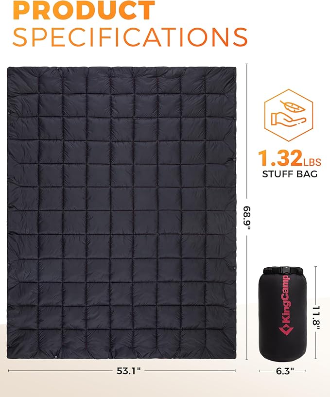 KingCamp Ultralight Camping Blanket, Packable Down Alternative Puffy Wearable Blankets Weatherproof Warm Package Quilt with Snap Buttons for Outdoor Hiking Travel Picnic Stadium (69"L x 53"W, Black)