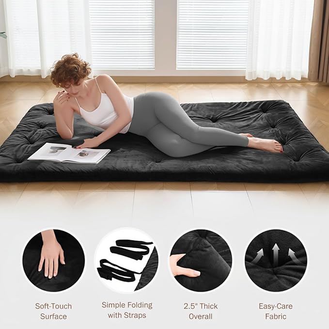 Japanese Floor Futon Mattress Queen Size 60"x 80", 2.5'' Thick Foldable Roll Up Floor Bed Sleeping Pad, 25D Foam Filled Tatami Mat with Straps for Guest Room, Dormitory & Camping, Black
