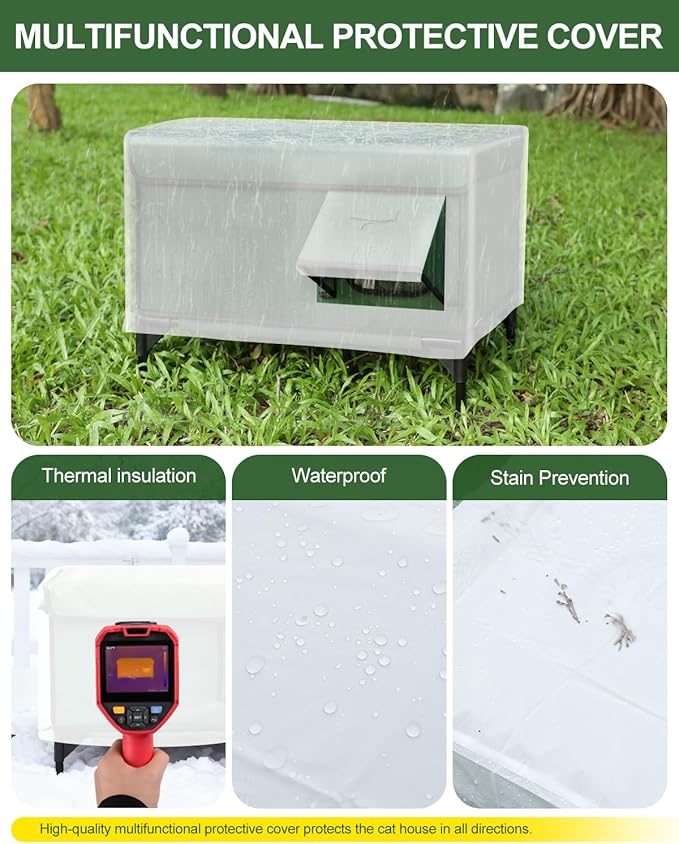 Outdoor Heated Cat House in Winter,Extremely Insulated & Weatherproof,Elevated Feral Cat Shelter with Waterproof Eaves & Escape Door for Outside Stray Barn Cat (Army Green,S)