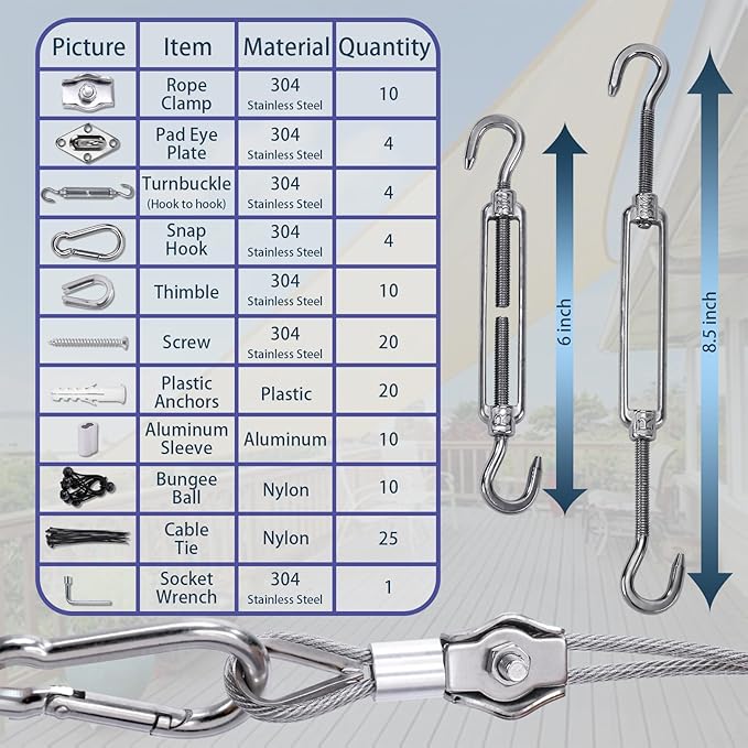 Shade Sail Hardware Kit 6 inch turnbuckles for Triangle Rectangle Sun Shade Sail Outdoor Installation turnbuckles for Cables Wire for Outdoor,Garden,Kitchen,Craft,118PCS