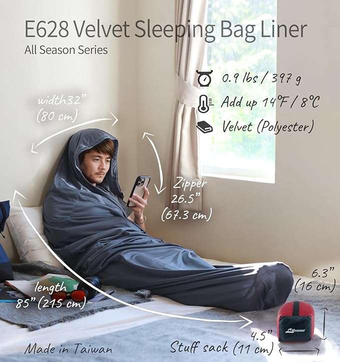 Litume Velvet Velour Sleeping Bag Liner Add Up to 14°F/ 8°C, Mummy Sleeping Sack Backpacking, Camping, Traveling, Hotel, Hostal, Lightweight Sleep Sack with Drawstring Hood E625
