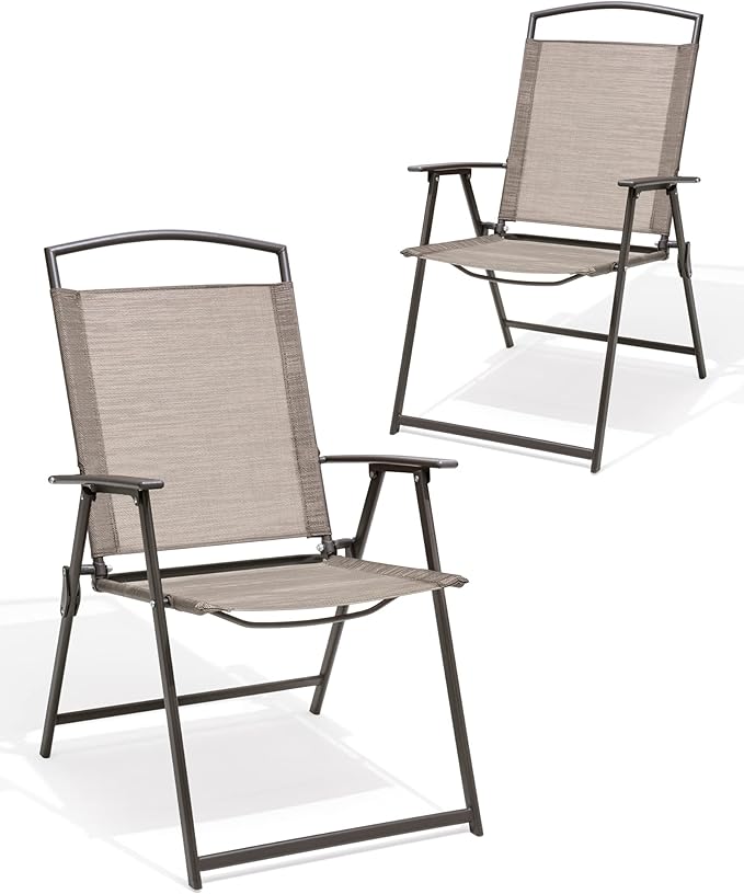 Crestlive Products Patio Folding Chairs Set of 2, Outdoor Folding Chairs with Durable Rust-Resistant Frame and Breathable Textilene Material for Outside, Beige