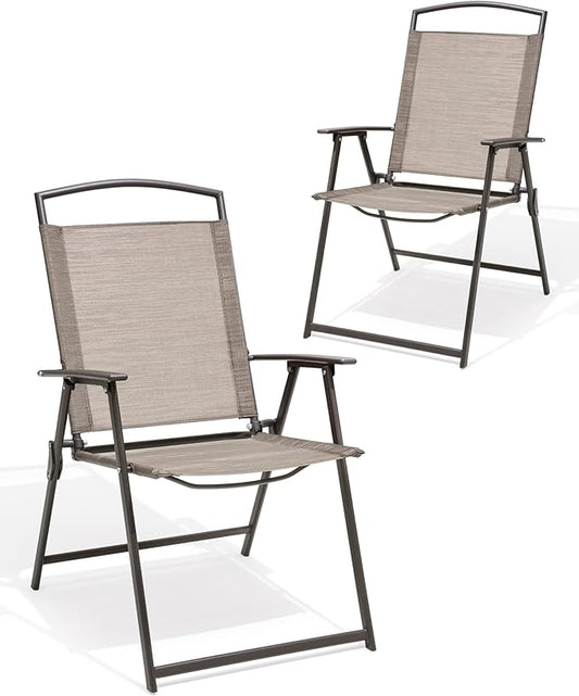 Crestlive Products Patio Folding Chairs Set of 2, Outdoor Folding Chairs with Durable Rust-Resistant Frame and Breathable Textilene Material for Outside, Beige