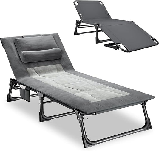 Mopaicot Folding Camping Cot for Adults, Adjustable 4-Position Reclining Chair with Mattress and Pillow, Lounge Chair Camp Cots Bed for Sleeping, Travel, Garden, Pool, or Office Nap (Gray)
