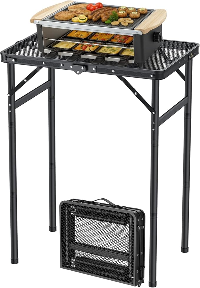 FUNYKICH Folding Grill Table for Outside(23''x16''), Max Height 29.4'' Portable Camping Tables(3 Adjustable Height), Lightweight Aluminum BBQ Table with Portable Handle for Camping, Picnic, BBQ, Black