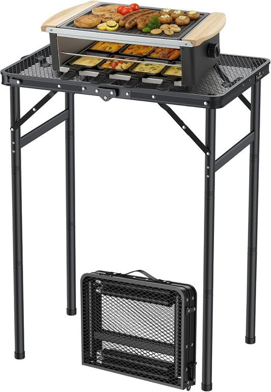 FUNYKICH Folding Grill Table for Outside(23''x16''), Max Height 29.4'' Portable Camping Tables(3 Adjustable Height), Lightweight Aluminum BBQ Table with Portable Handle for Camping, Picnic, BBQ, Black