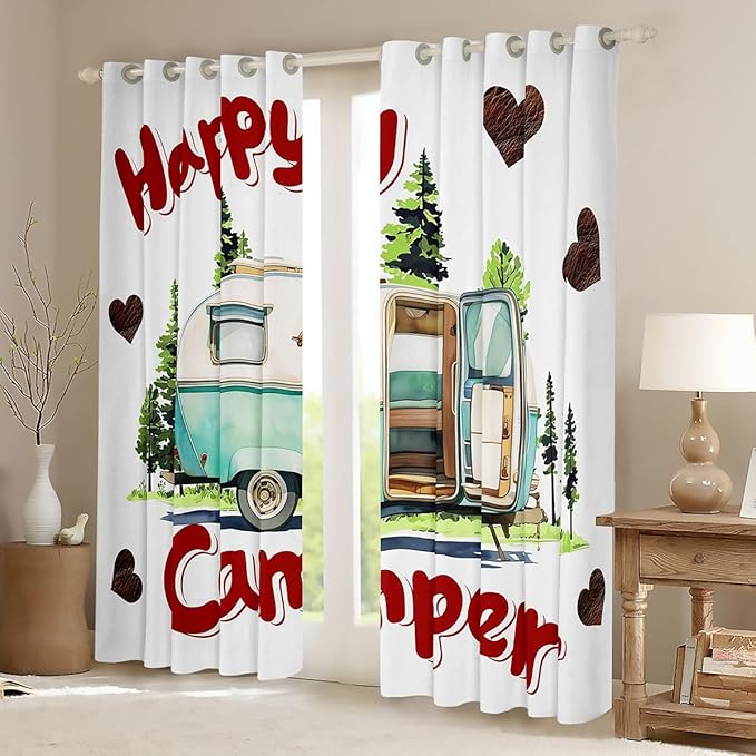 Erosebridal Camper Window Curtains 38" Wx45 L Happy RV Camping Blackout Curtains for Bedroom Living Room,Camp Adventure Window Treatments Summer Camper Forest Drapes Decor 2 Panels