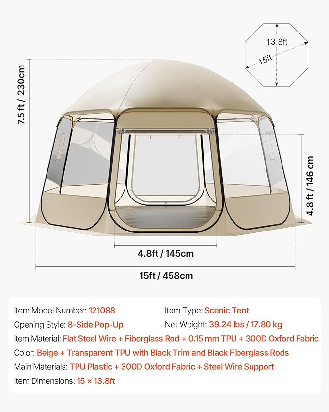 VEVOR Pop up Sports Tent, 8 Sizes Optional Clear Bubble Tent for 1-6 Person, Waterproof Outdoor Pod with Floor Mat & Top Cover, Garden Igloo Dome Tents Camping Shelter for Sports Watching