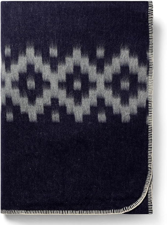 Thick Alpaca Wool Blanket Heavyweight Camping Outdoors Indoors Soft Peru Queen Size Ethnic Design (Navy Blue - Soft Gray, Queen Size)