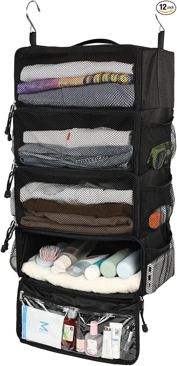 Surblue Travel Hanging Packing Cubes with 2 Hooks Hanging Shelves for Luggage Organizers Portable Compression 4 Shelf Closet Carry-on Suitcases Organizers, Medium, Black
