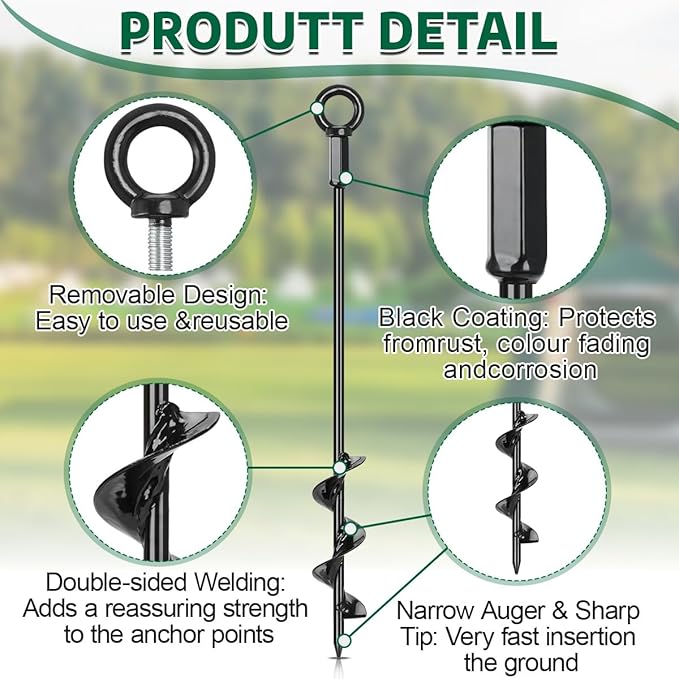 2 Pack 16" Ground Anchors Screw in, Tent Stakes Anchors with Drill, Heavy Duty Earth Anchors for Tent, Canopy, Trampoline