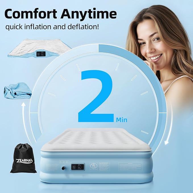 Air Mattress Queen with Built in Pump, Blow Up Mattress 18 Raised Comfort, Upgraded Surface Portable Air Bed with Pillow, Inflatable Mattress for Camping, Home and Guest, 650 lbs Max