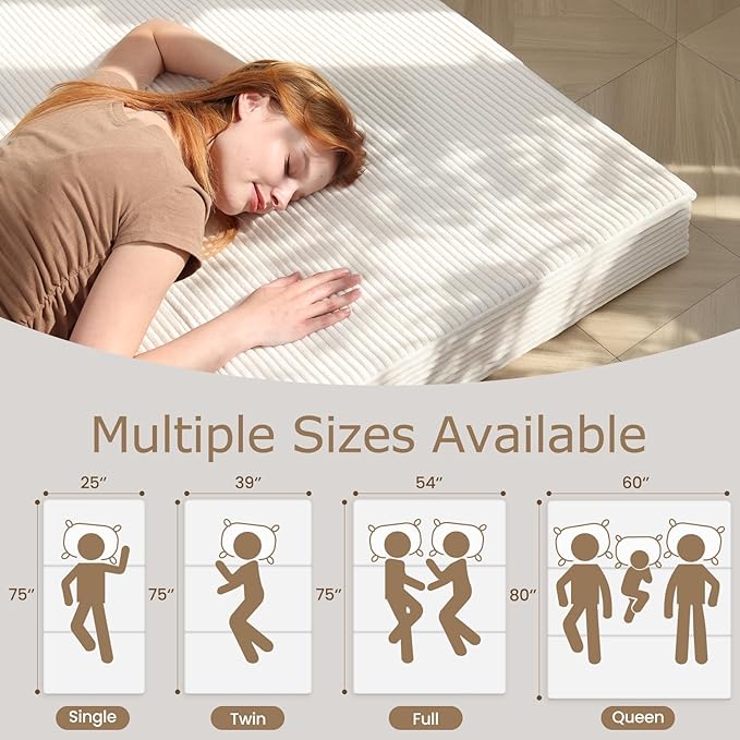6-Inch Tri-Fold Mattress Full Size - Foldable Futon Sofa Bed with Removable Washable Cover, Folding Memory Foam Futon Mattress | Non-Slip Bottom & Carry Handles for Guest, Camping, Dorm