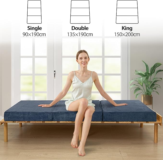 BYBYME Tri-Folding Corduroy Mattress, 6 Inch Gel Folding Mattress Topper, Foldable Soft Guest Bed Camping Pad, Washable Cover (Bluestone, Queen)