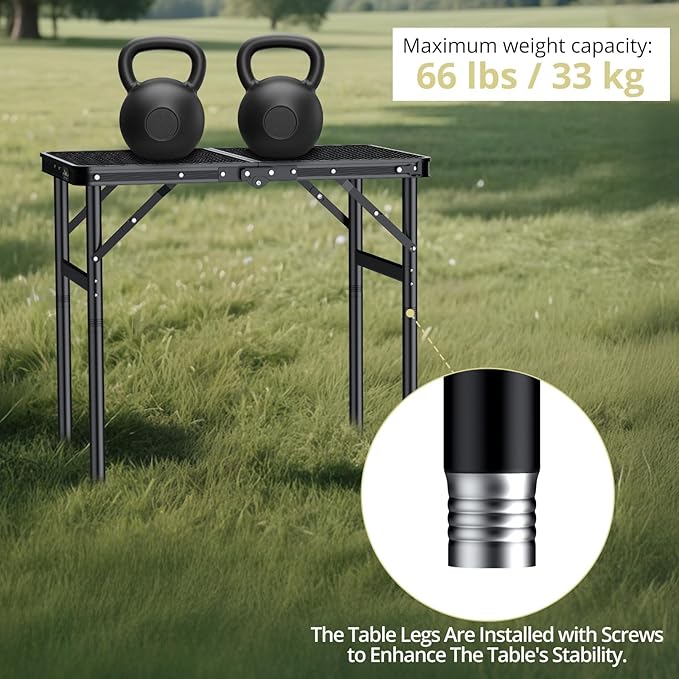 2ft Folding Grill Table Max 29.5", 3 Adjustable Heights Metal Threaded More Stable Lightweight Camping Table Heat-Resistant with Handle, for Cooking BBQ Outdoor Travel, 22.8" X 16", Black